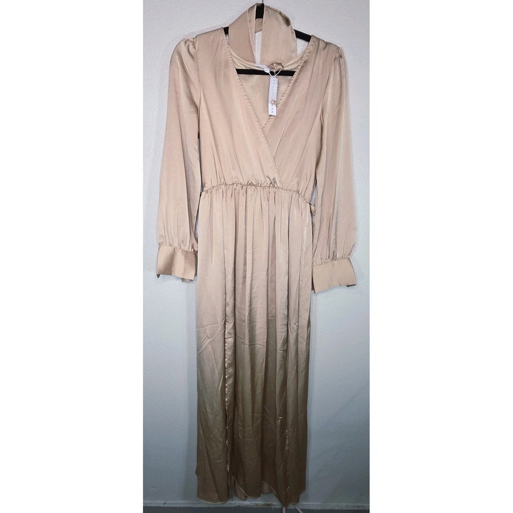 Baltic Born Satin Maxi Dress Champagne Long Sleeve Wrap Tie Romantic Size S NWT